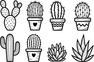 Various potted cacti and succulents in a graphic design set cactus plant