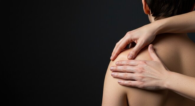 Two hands palpate a bare shoulder against a dark background assessing or providing massage