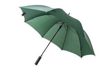 A green umbrella, open and suspended in mid-air, showcasing its design and features. background removed
