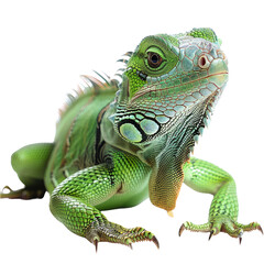 Obraz premium A vibrant green iguana, showcasing intricate scales and sharp claws, isolated on a transparent background. background removed