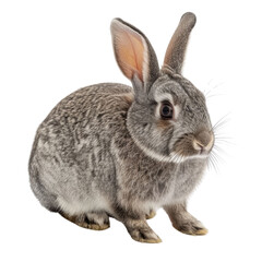 Fototapeta premium Adorable gray rabbit sitting, fluffy fur, long ears, cute pet animal. background removed