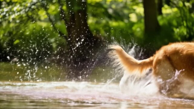 Golden retriever running and splashing in river