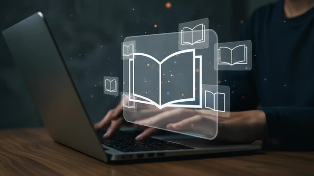 Online Learning: A Person Typing on a Laptop Surrounded by Glowing Book Icons Representing Digital Education, E-books, and Knowledge Acquisition