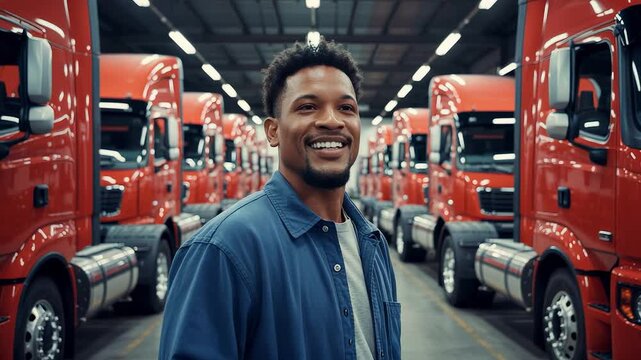 Smiling man standing in warehouse surrounded by rows of bright red semi trucks parked under industrial lighting in spacious indoor facility

