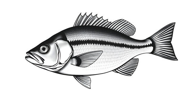 Sea brass isolated fish monochrome icon. Vector serranus cabrilla marine underwater aquatic underwater animal. Fish of family Serranida, barred sand bass, potato cod, redbanded perch marine seafood