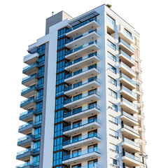 Modern high-rise apartment building with numerous balconies and large windows. background removed