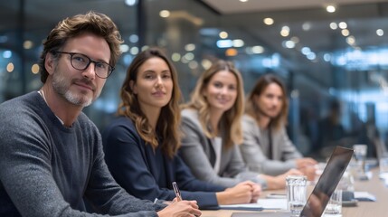 Diverse group of professionals collaborating in modern meeting room with laptops and notes