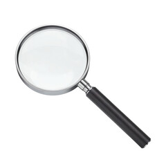 Classic magnifying glass with silver rim and black handle isolated on transparent background for investigation and discovery