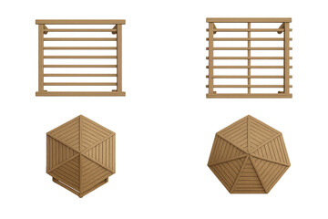 Top view of wooden pergola and hexagonal gazebo roof isolated on transparent background, architectural material