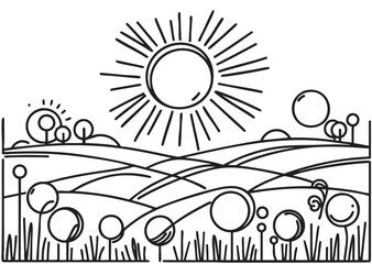 Obraz premium Line flat black primitive sketch cartoon abstract landscape, futuristic sketch