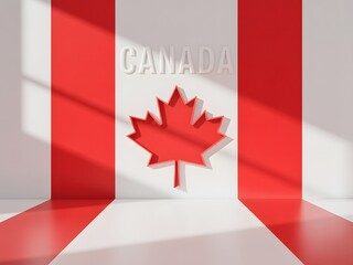 Bold Canadian Flag Render with Maple Leaf and CANADA Text in a Modern Room with Strong Sunlight