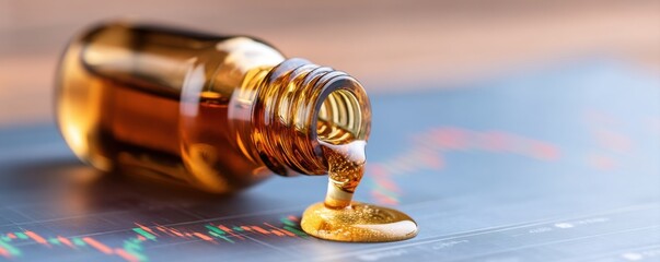 A bottle spills liquid over financial charts, symbolizing investment or market trends.