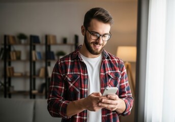 Young man with glasses and beard smiling while looking at his smartphone in a casual indoor setting