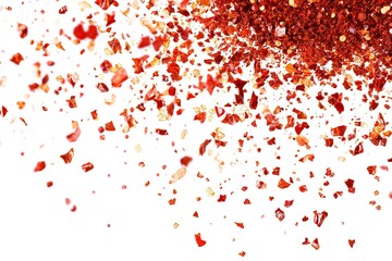 A dynamic burst of spicy red chili flakes suspended in mid-air, with a finely milled pile of dry paprika resting below, isolated on a bright white background