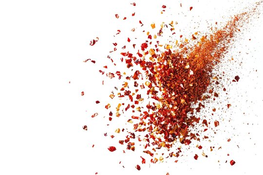 A dynamic burst of spicy red chili flakes suspended in mid-air, with a finely milled pile of dry paprika resting below, isolated on a bright white background - Powered by Adobe