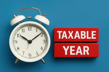 Alarm clock and red blocks with taxable year text on blue background