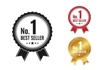 Collection of no 1 best seller badges and awards in black, red, and gold, symbolizing achievement and top quality
