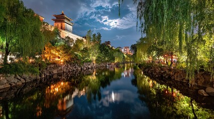 Obraz premium Illuminated Ancient City Riverfront at Night with Willow Trees and Reflections