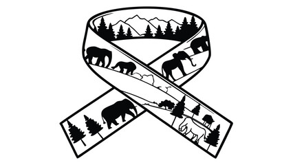 Black and white ribbon featuring silhouettes of elephants trees and mountains in a scenic landscape view