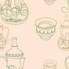 Editable Outline Patterned Bulbous Dallah Coffee Pots and Finjan Cups Vector Illustration in Various Colors as Seamless Pattern for Background of Arab Culture Tradition Cafe and Islamic Moments