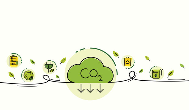 The concept of reduce co2 emission using clean energy to reduce climate change problem with flat line icons vector illustration. Green environment development templet infographic design for web banner