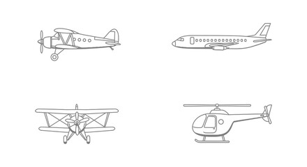 Simple Line Art Illustration of Various Flying Vehicles Including Airplanes and Helicopter