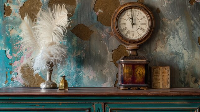 A vintage clock and decorative feathers sit atop a distressed teal dresser against a textured wall, evoking a sense of timeless elegance and nostalgia.