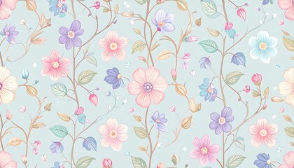Pastel floral pattern on a light blue background, featuring delicate flowers and vines