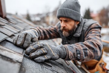 Rooftop worker in safety gloves meticulously performs seasonal roof repairs and maintenance, ensuring structural integrity and leak prevention. An expert roofing contractor 