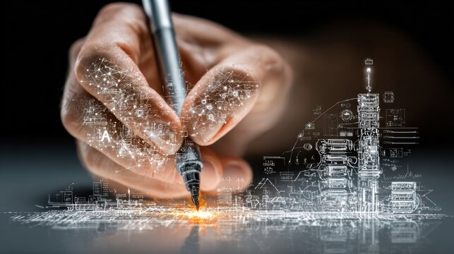 Hand using stylus on tablet with holographic AI, server, and network icons, symbolizing innovation, data security, and smart technology