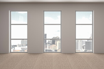 Modern empty room with windows in floor and city view 3D Render