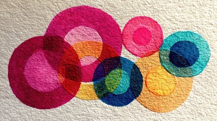 Abstract circular forms in overlapping layers of vibrant color on a textured background