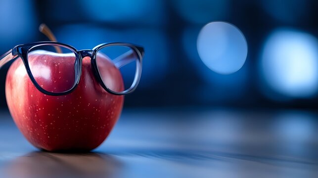 Fresh red apple wearing stylish black rimmed glasses against blurred blue bokeh background, creative concept for education, knowledge and wisdom.