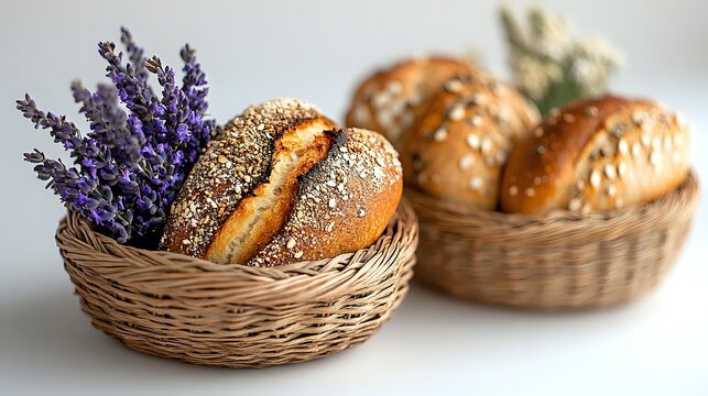 Fresh baked bread rolls with sesame seeds in wicker baskets decorated with lavender sprigs, showcasing artisanal bakery products on light background. - Powered by Adobe
