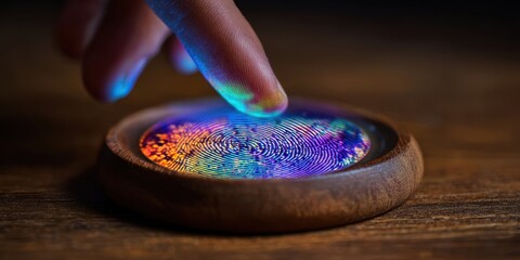 The colorful fingerprint display on a wooden interface showcasing advanced technology.