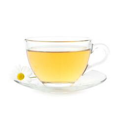 Aromatic tea in glass cup and chamomile flowers isolated on white