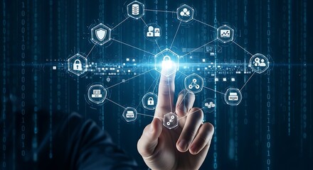 Hand touching a digital network of icons and data