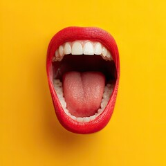 Naklejka premium Close-up of wide-open mouth, vibrant red lips, and tongue. Bright yellow background