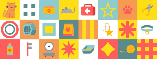 A collection of pet-related icons arranged in a patchwork style featuring cats, dog items, medical supplies, and grooming tools in bright colors and simple designs.