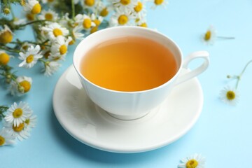Tasty chamomile tea and flowers on light blue background, closeup