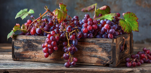 Fresh harvest of red grape in a wooden box on a rustic table. Winery and viticulture concept for autumn season.