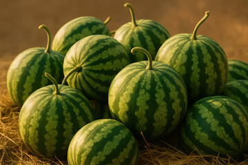 Fresh ripe watermelons with striped green rind arranged on straw in a sunlit field during harvest season