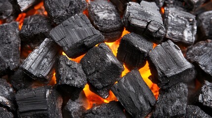 Close-up view of burning charcoal briquettes