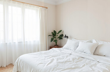 Modern bedroom with white bedding and potted plant by window  