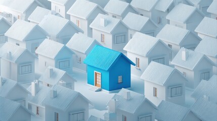 A 4K photo of blue house in among white houses for real estate property industry.