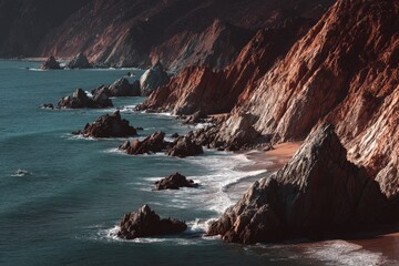 Coastal cliffs meet the ocean. Dramatic rugged cliffs, various shades of brown and beige, meet a dark teal ocean.  Waves crash on rocky shoreline