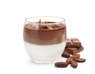 Delicious panna cotta with chocolate pieces and cocoa beans isolated on white