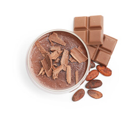 Delicious panna cotta with chocolate pieces and cocoa beans isolated on white, top view