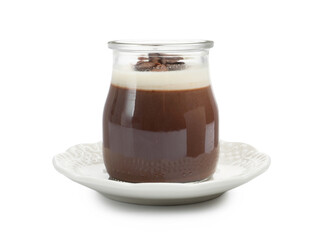 Delicious panna cotta with coffee beans in jar isolated on white