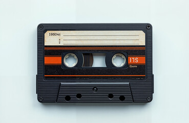 Vintage audio cassette tape with black and orange design on white background  
